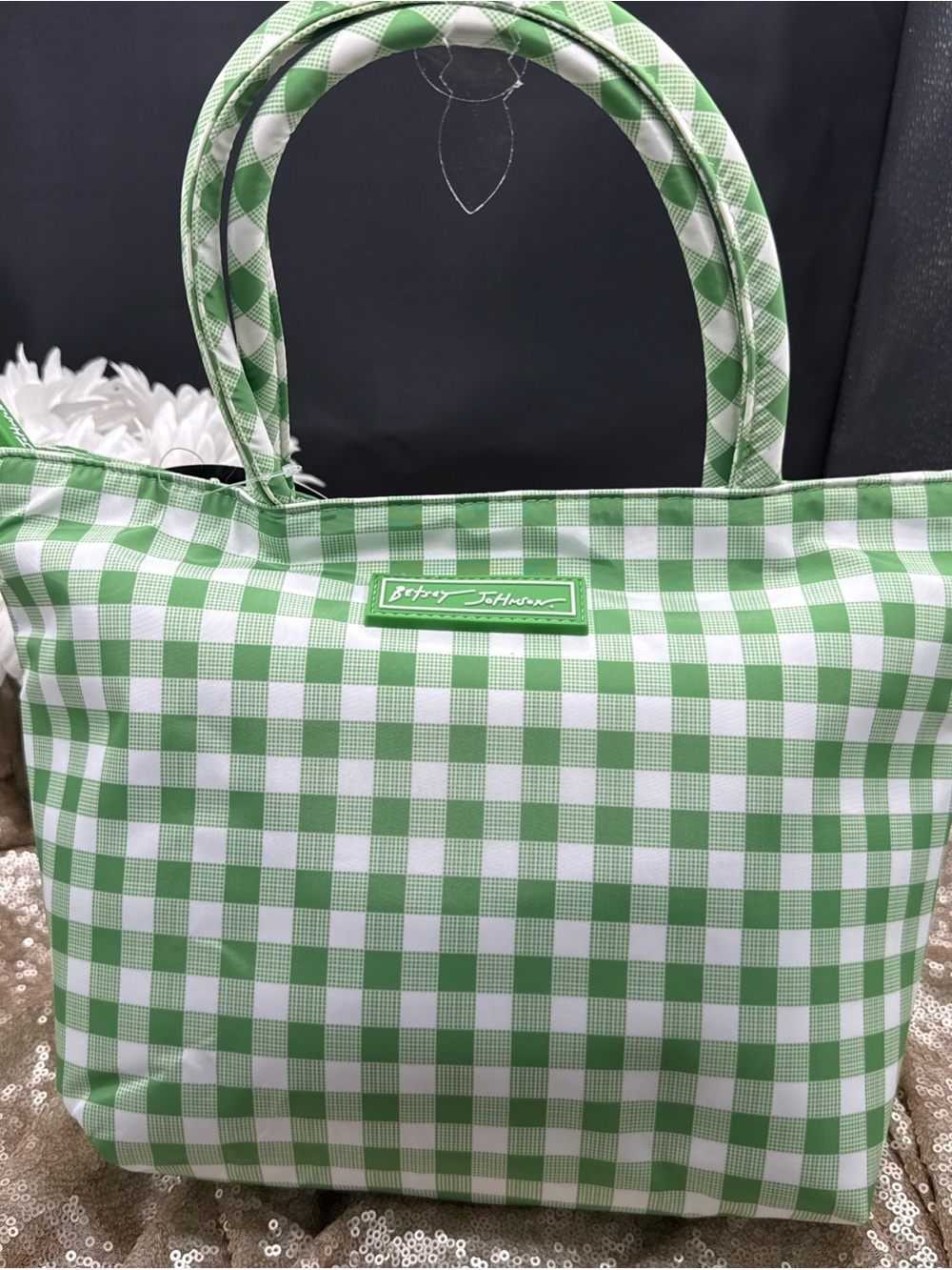 Betsey Johnson Green And White Gingham Insulated Lunch Tote